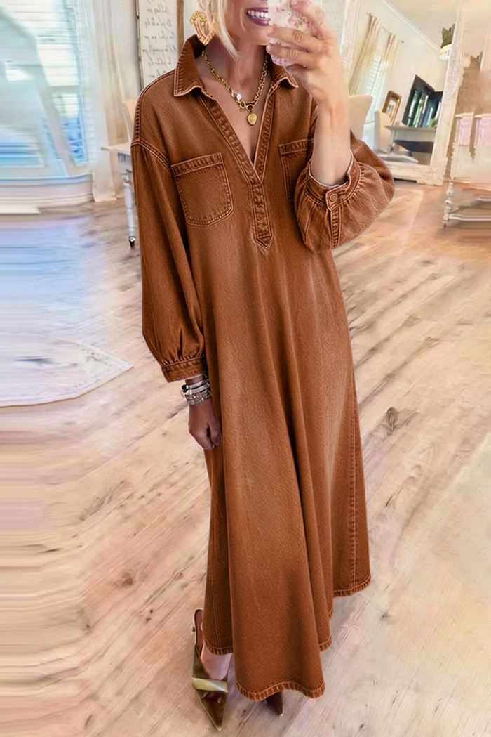 Brown Denim Collared Balloon Sleeves Flared Hem Maxi Dress