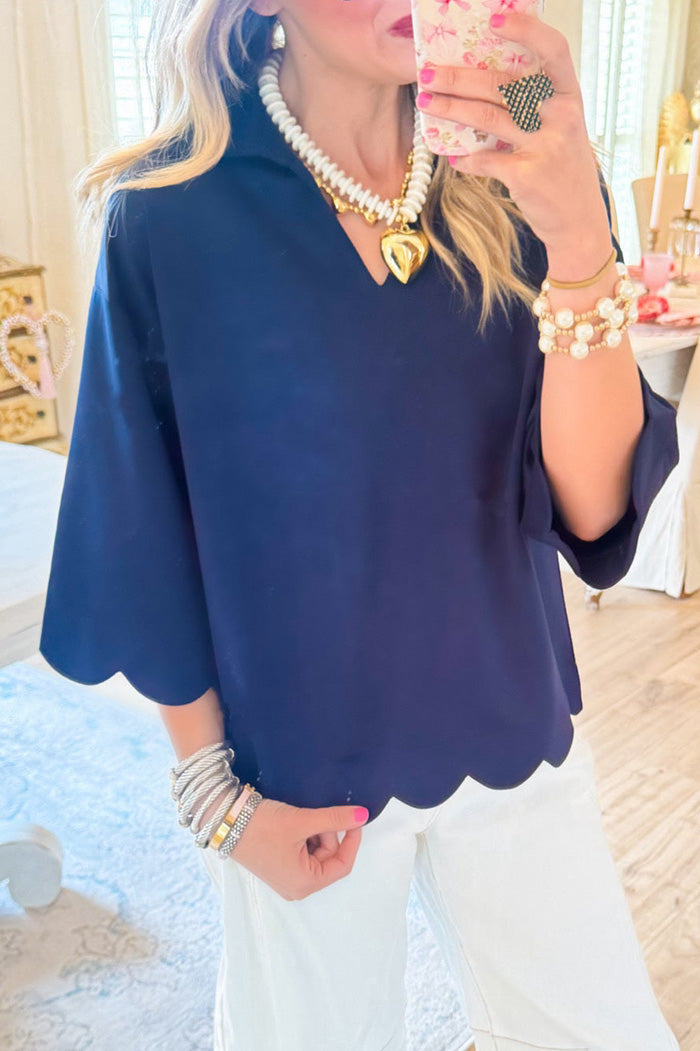 Flare Sleeve Scalloped Top