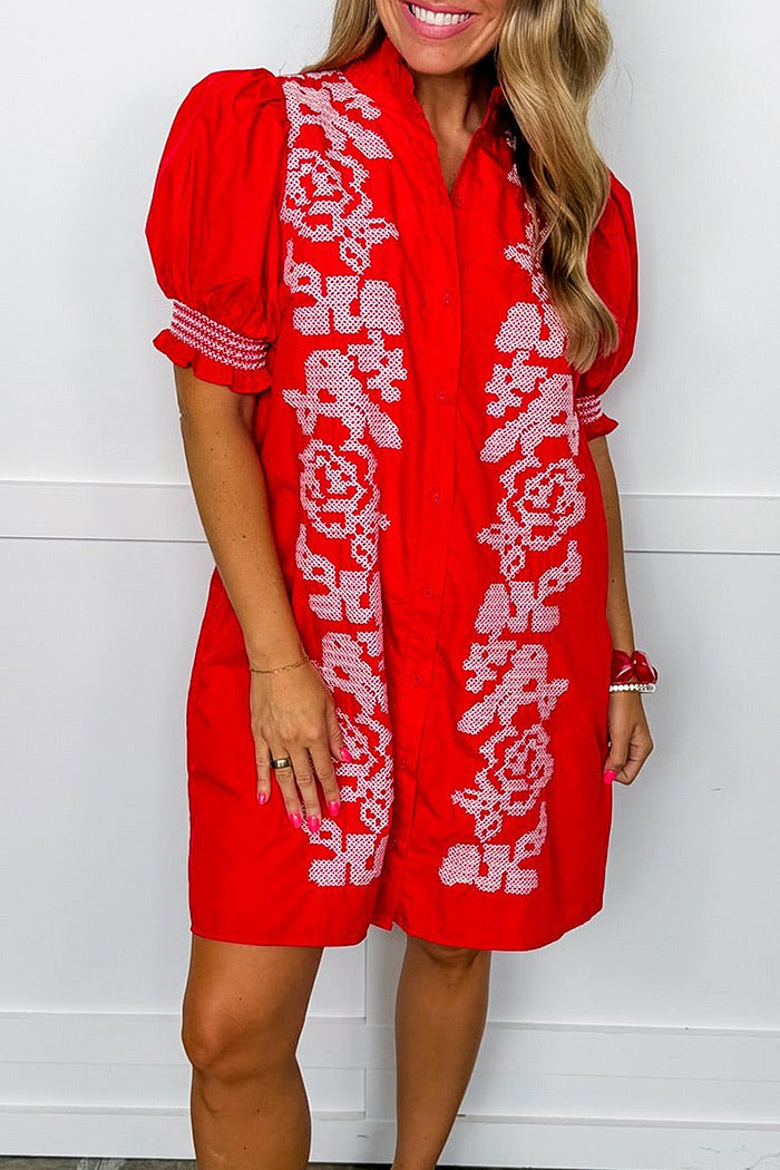 Ruffled Collared Puffed Cuffed Paneled Shirt Dress