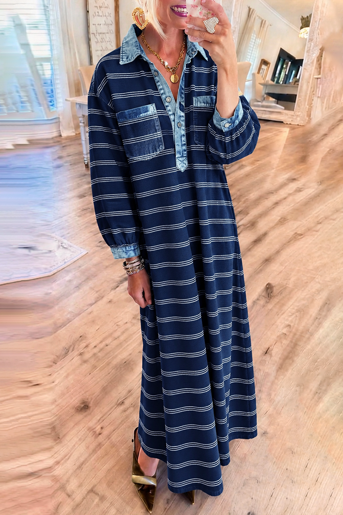 Navy Stripe Denim Trim Pockets Maxi Dress