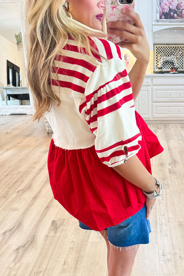 Stripe Short Puff Sleeve Top