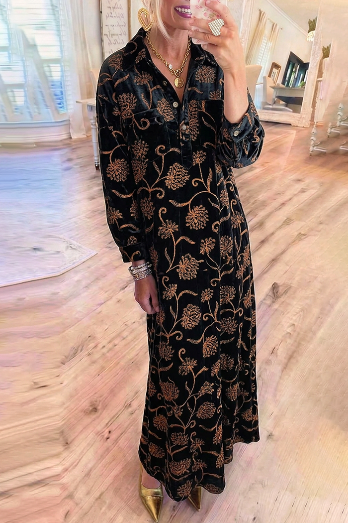 Velvet Floral Collared Pockets Maxi Dress