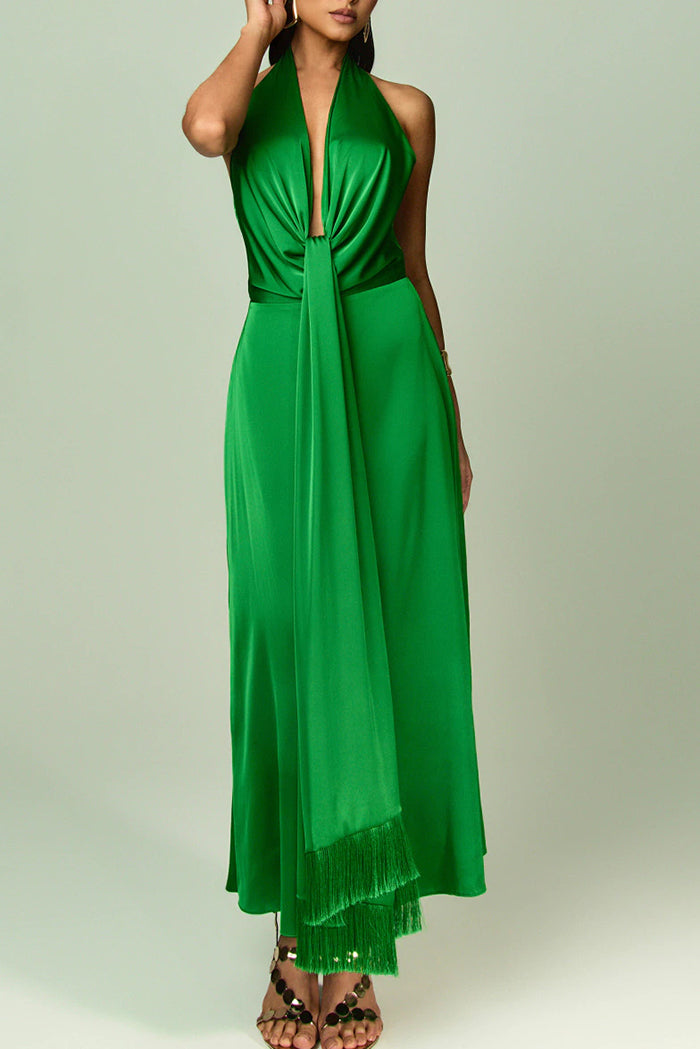 Halter Tie Tassel Hem Evening Dress