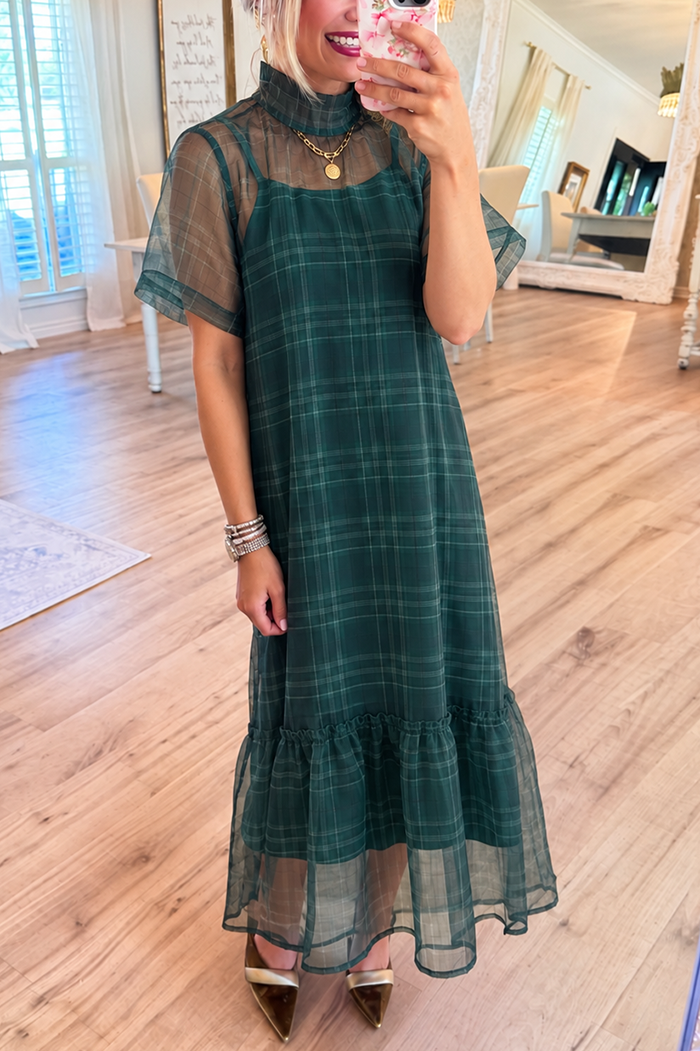 Dark Green Plaid Ruffled Hem Maxi Dress