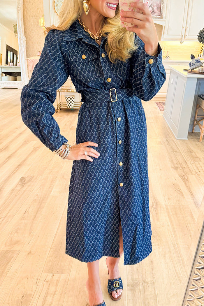Printed Button Down Pocket Denim Midi Dress