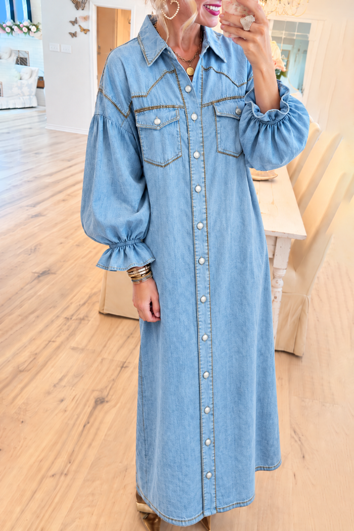 Light Blue Denim Button Front Ruffle Cuff Pocket Maxi Dress