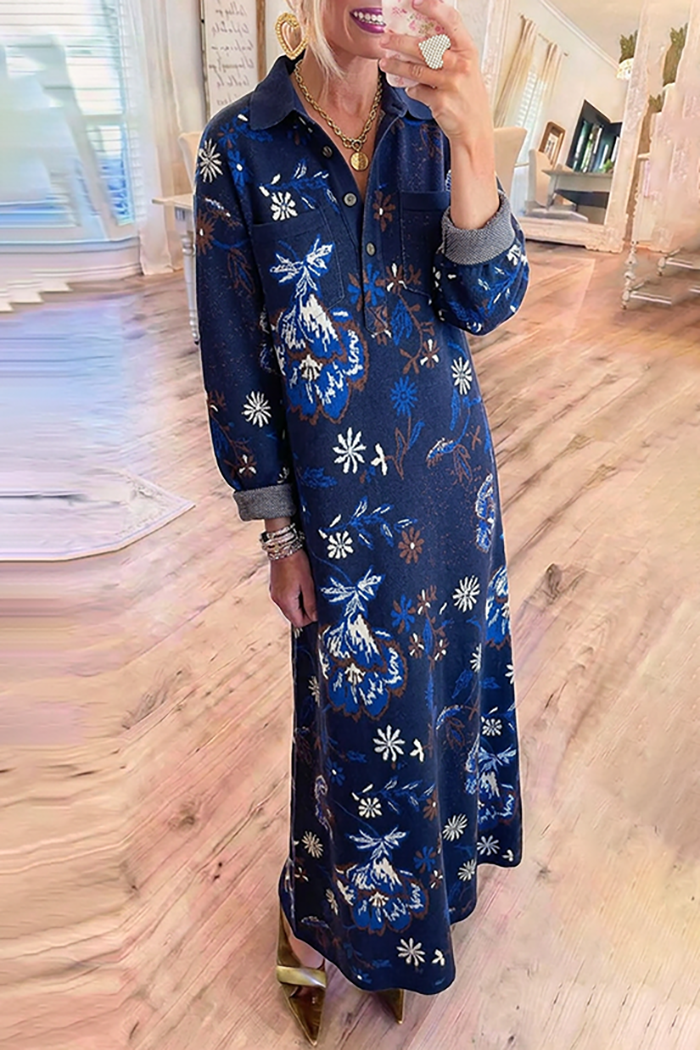 Navy Collared Knit Embroidered Floral Pockets Maxi Dress