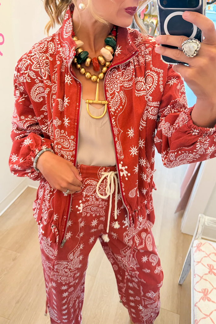 Red Paisley Print Bomber Jacket