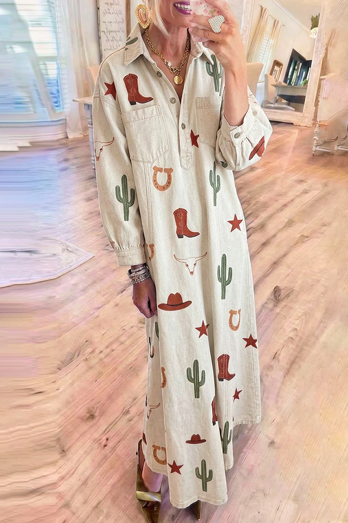 Beige Denim Collared Long Sleeve Western Maxi Dress