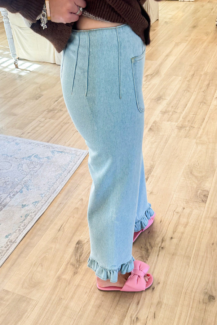 Ruffle Hem Back Zipper Denim Pants