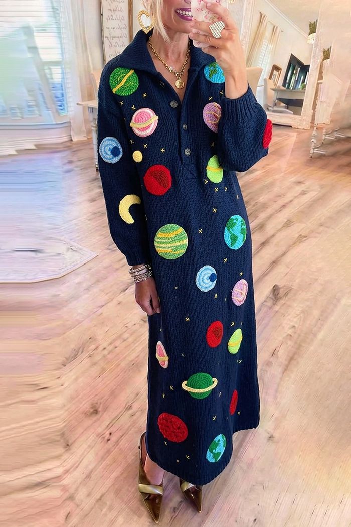 Navy Collared Knit Planet Embroidery Pockets Maxi Dress